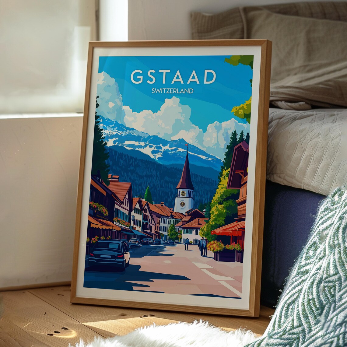 Gstaad Switzerland Alpine Main Street Church Peak Vintage Art Poster - Image 3