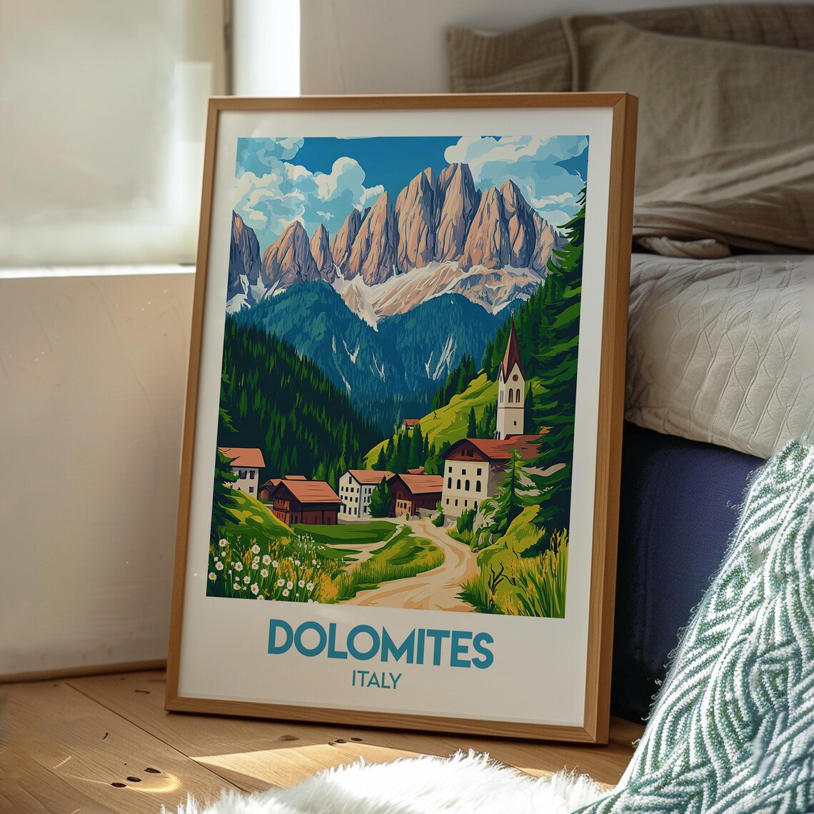 Dolomites Italy Alpine Peaks Village Church Mountain Travel Poster - Image 3