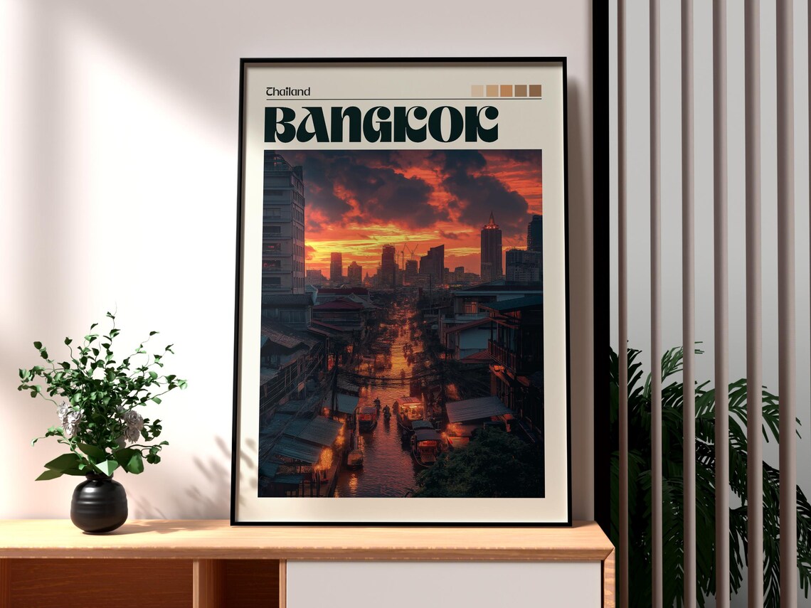 Bangkok Thailand Sunset Canal Street Retro Cityscape Travel Poster