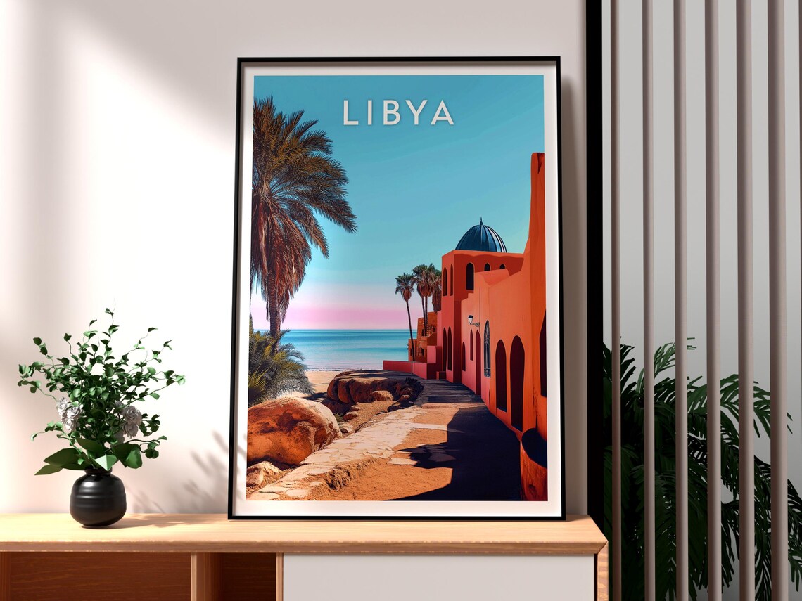 Libya North Africa Red Building By The Sea Vintage Travel Poster