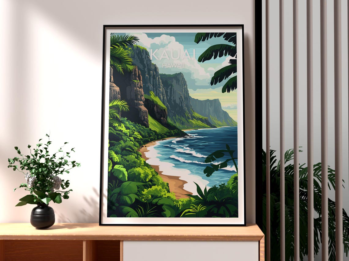 Kauai Hawaii Na Pali Style Cliffs Ocean Beach Illustration Poster
