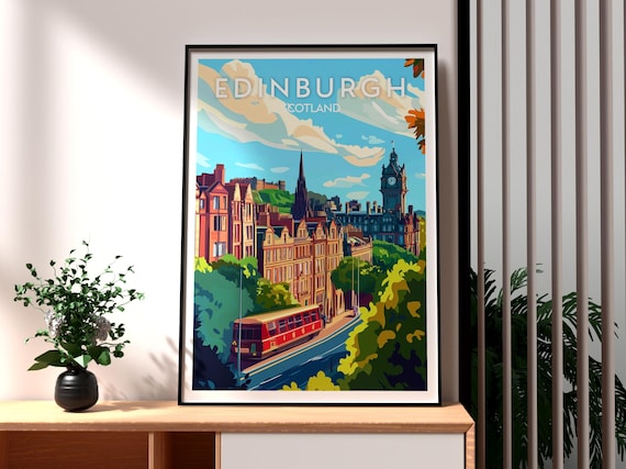 Edinburgh Scotland City Skyline Clock Tower Tram Street Travel Poster
