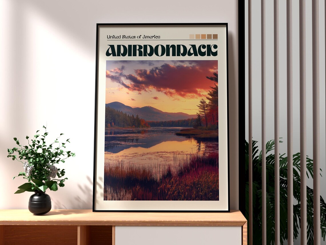 Adirondack New York Fall Foliage Lake Sunset Retro Travel Art Poster