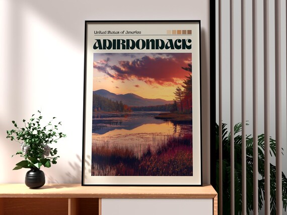 Adirondack New York Fall Foliage Lake Sunset Retro Travel Art Poster