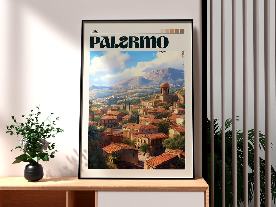 Palermo Italy Sicily Terracotta Rooftops Domed Church Travel Poster