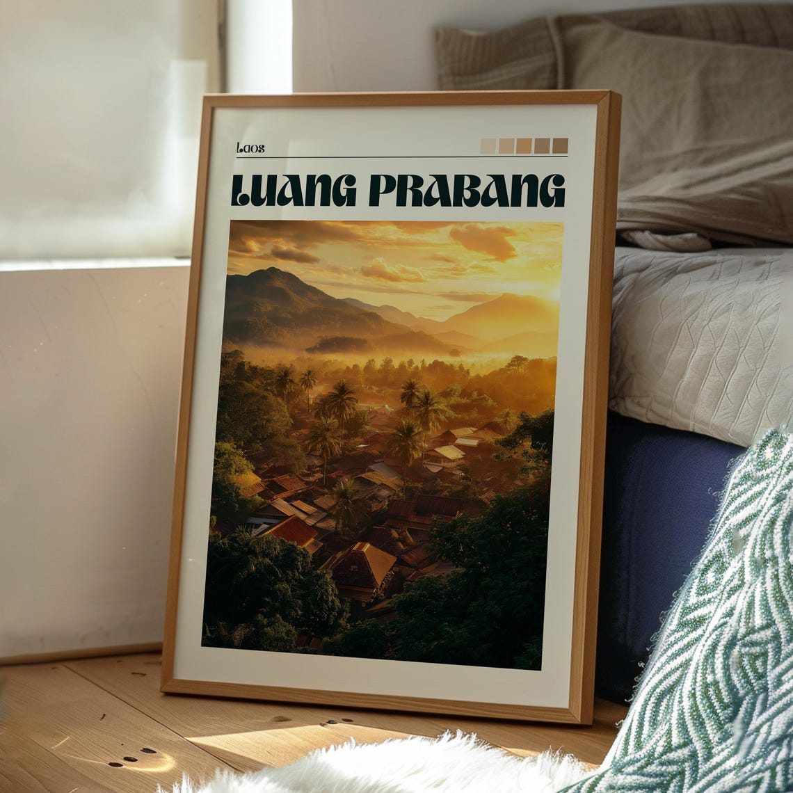 Luang Prabang Laos Sunrise Palm Village Mountain Mist Travel Poster - Image 3