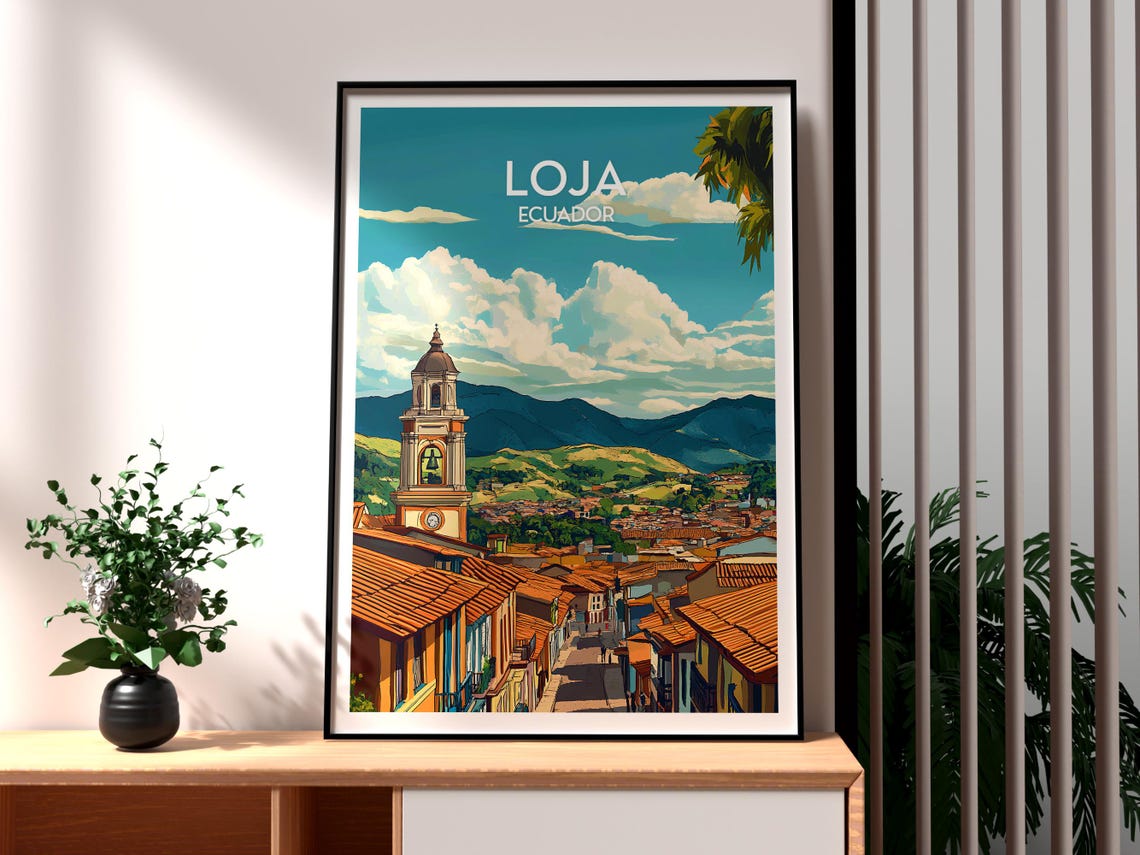 Loja Ecuador Colonial Bell Tower Red Tile Roofs Valley Travel Poster