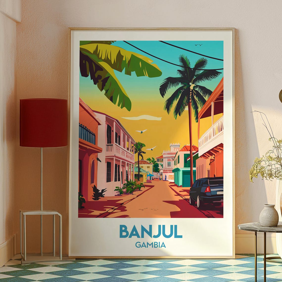 Banjul Gambia Colonial Street Palm Trees Sunset Travel Poster - Image 2