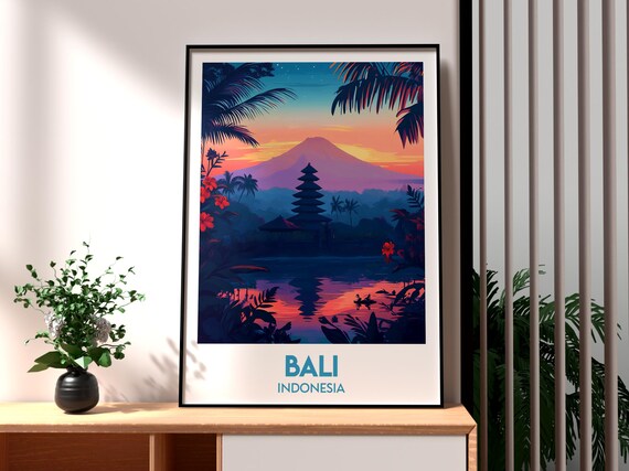 Bali Indonesia Volcano Sunset Lake Temple Silhouette Travel Poster