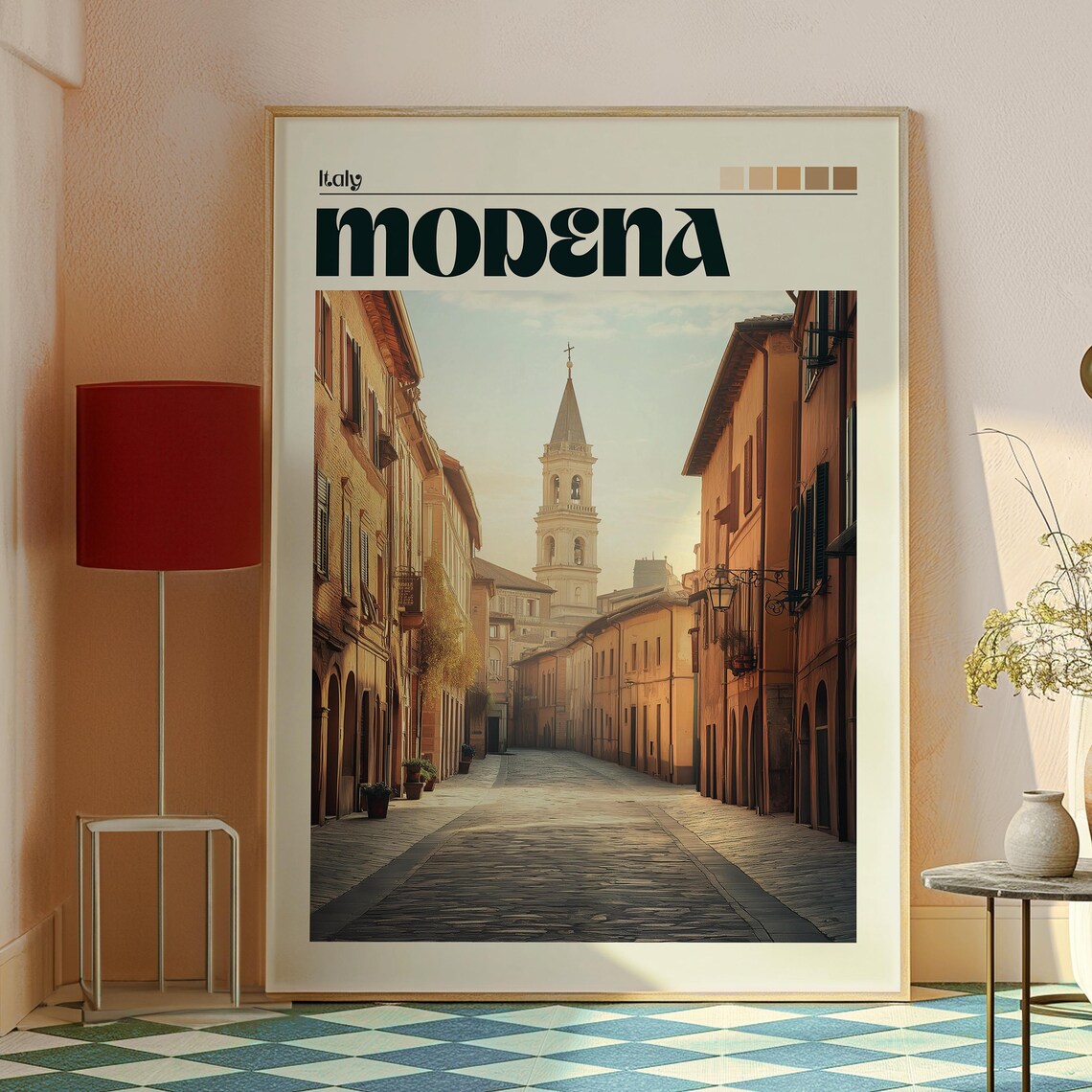 Modena Italy Historic Old Town Cobblestone Street Bell Tower Poster - Image 2