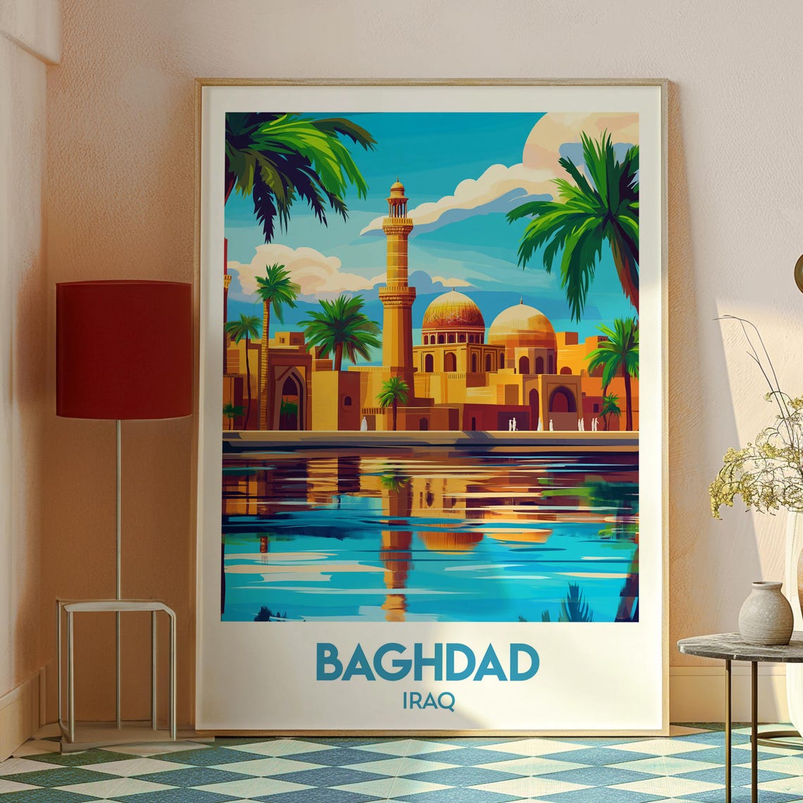 Baghdad Iraq Retro Travel Poster Golden Mosque River Artwork - Image 2