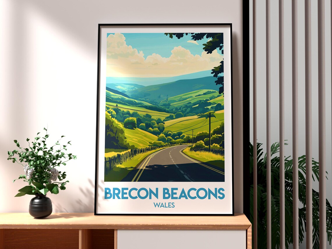 Brecon Beacons Wales Green Valley Road Landscape Travel Poster