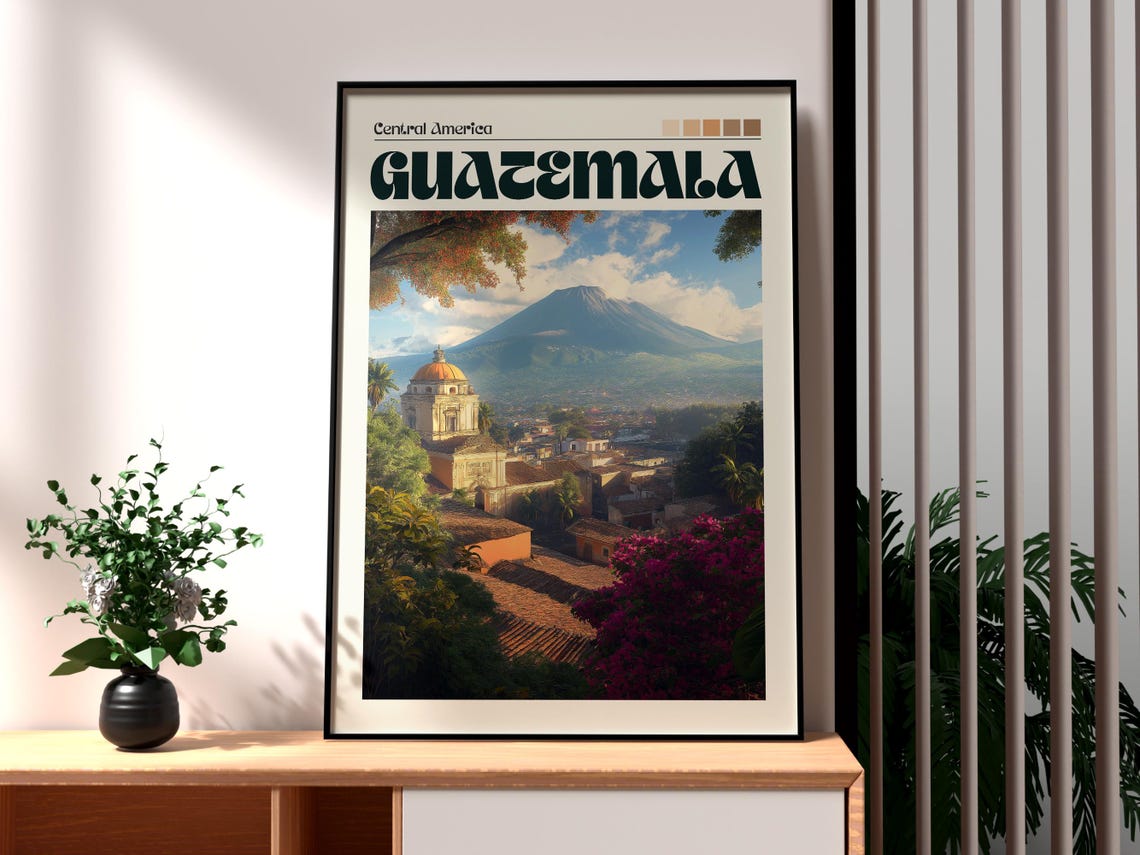 Guatemala Central America Dramatic Volcano Colonial Town Poster