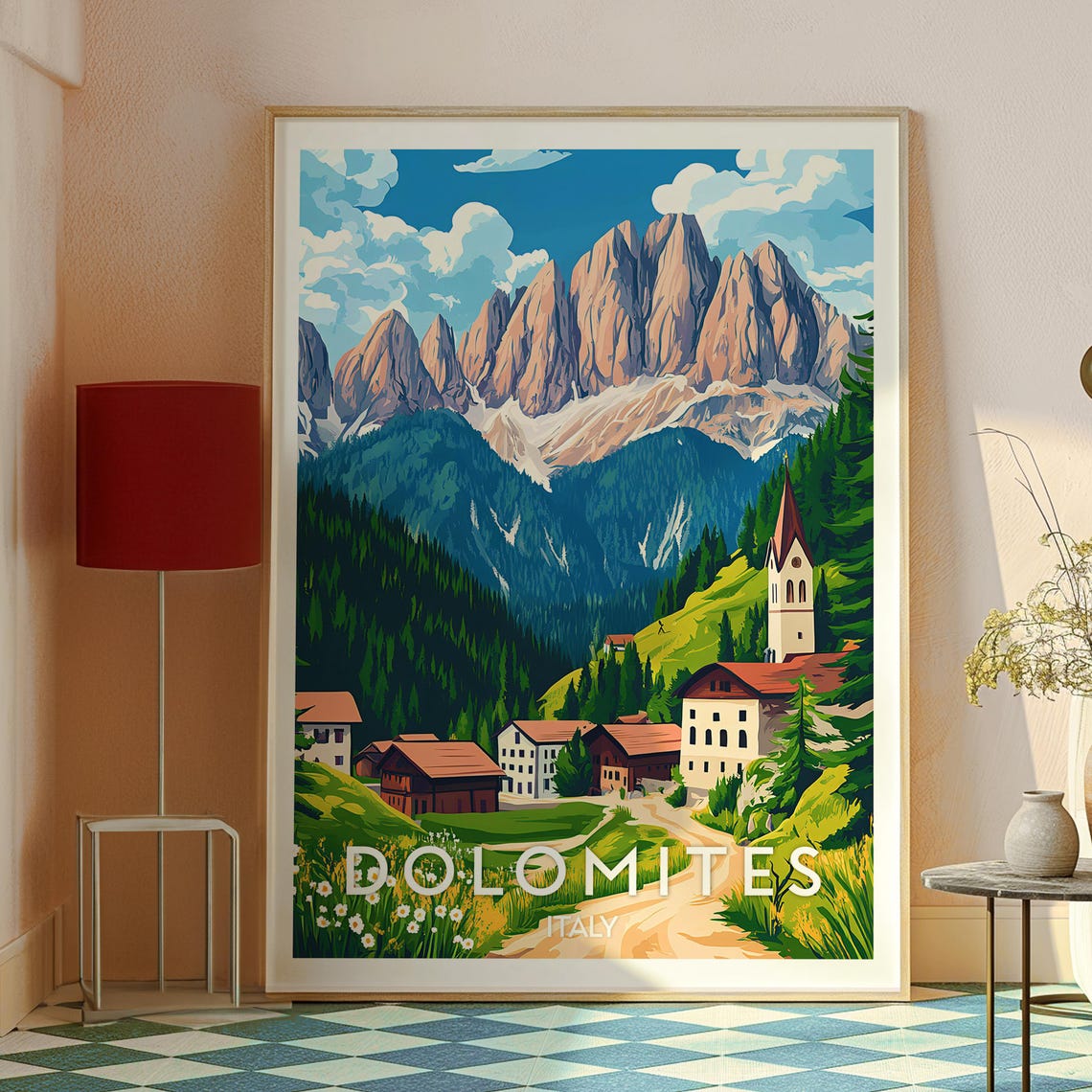 Dolomites Italy Alpine Peaks Village and Church Sunset Poster - Image 2