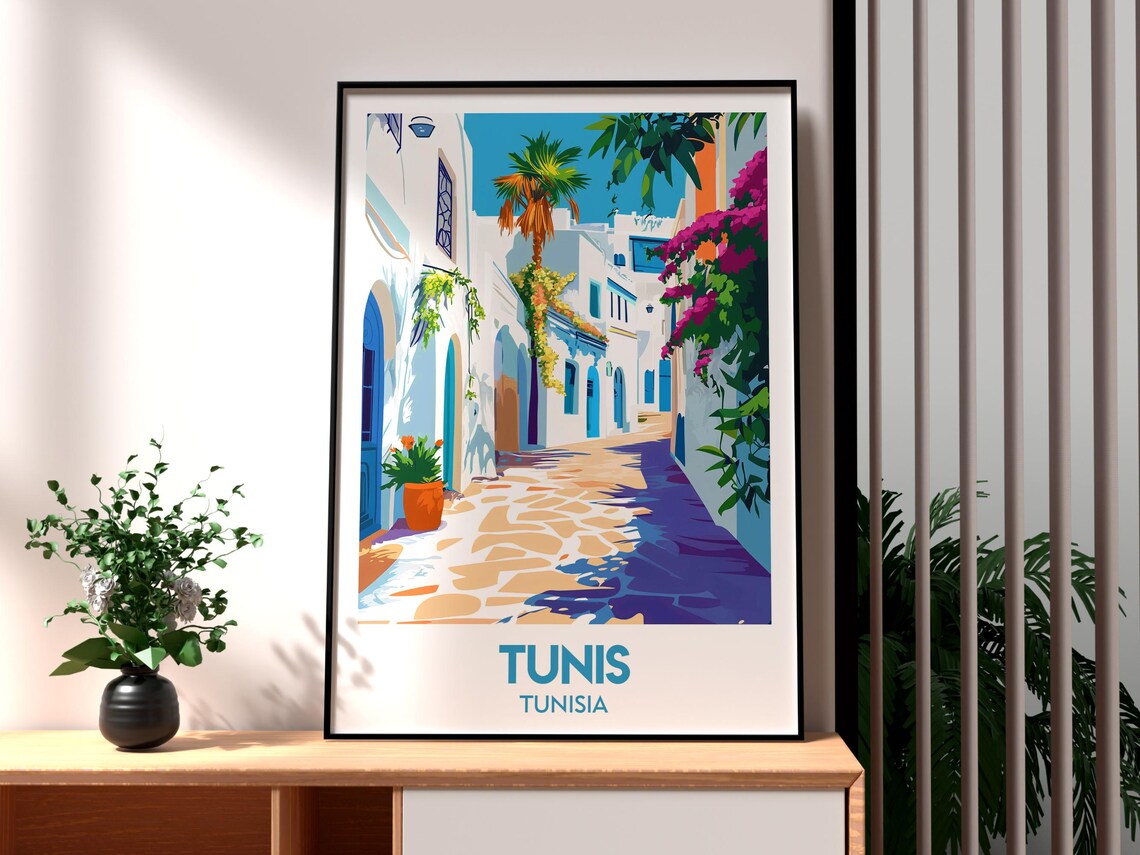 Tunis Tunisia Whitewashed Medina Alley Bougainvillea Travel Poster
