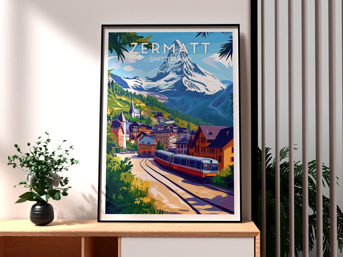 Zermatt Switzerland Matterhorn Village Train Alpine Travel Poster