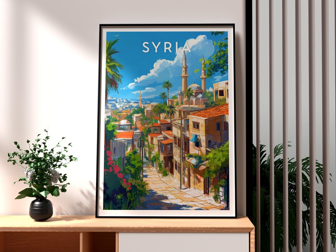 Syria Middle East Old Town Street Mosque Minarets Travel Poster