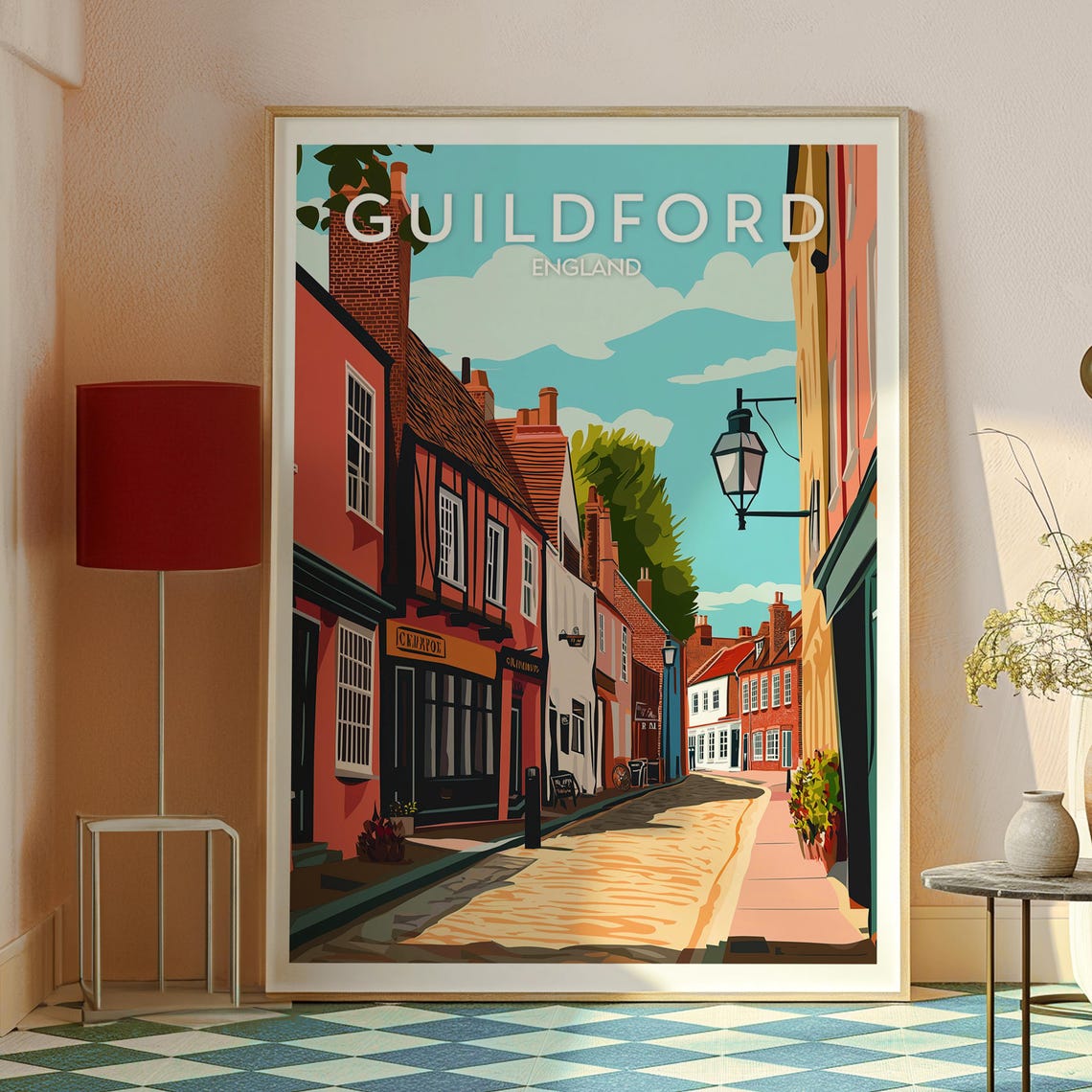 Guildford England Historic Brick High Street Scene Travel Poster - Image 2