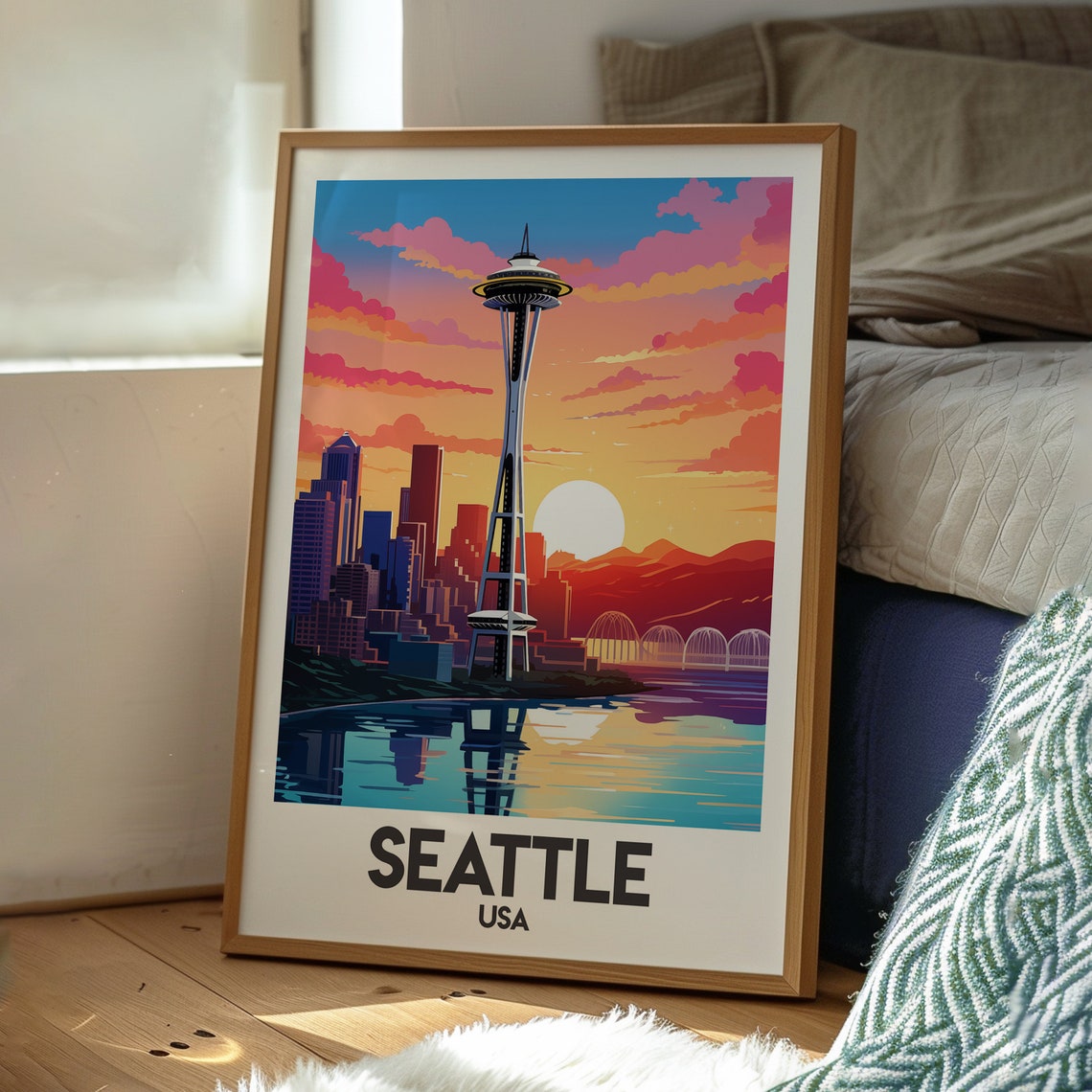 Seattle USA Space Needle Sunset Skyline Waterfront Travel Poster - Image 3