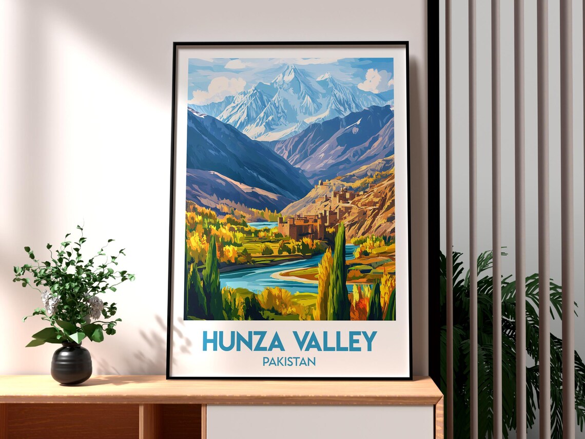 Hunza Valley Pakistan River Fort Autumn Poplars Travel Poster