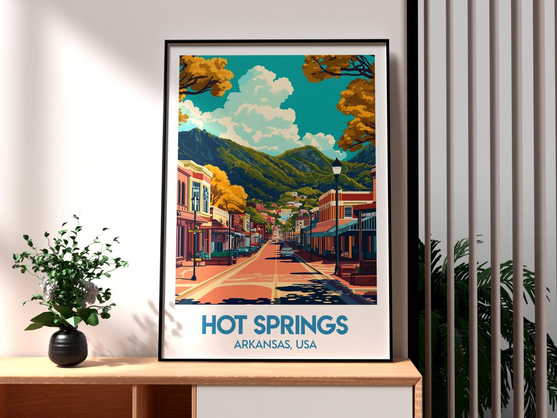 Hot Springs Arkansas Downtown Mountain Street Retro Travel Poster