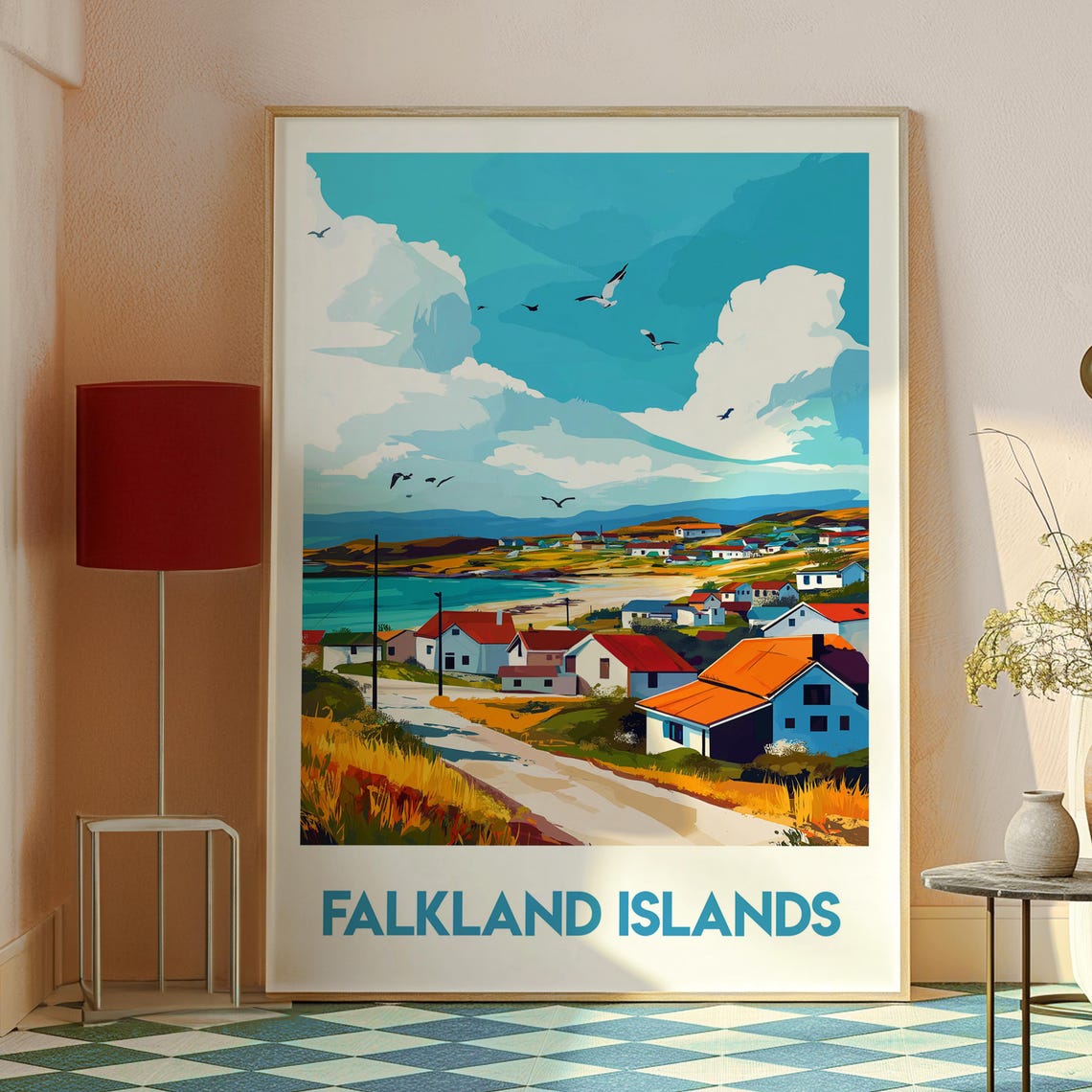 Falkland Islands Retro Travel Poster Coastal Village Beach Scene - Image 2