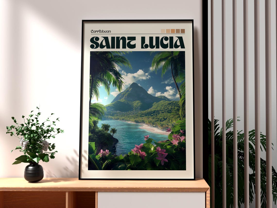 Saint Lucia Print Caribbean Wall Art Travel Poster Beach St