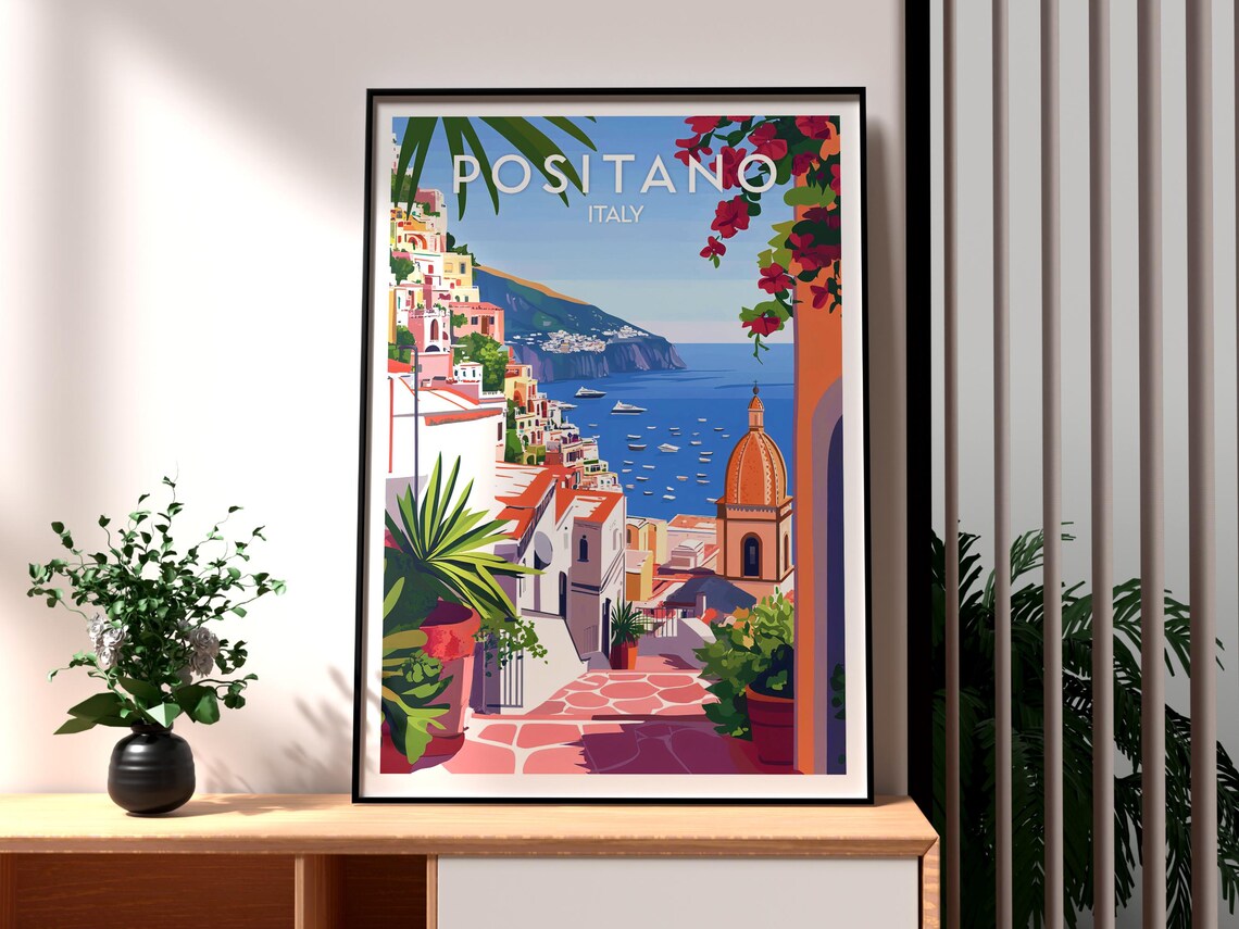 Positano Italy Amalfi Coast Cliff Town Church Dome Travel Poster