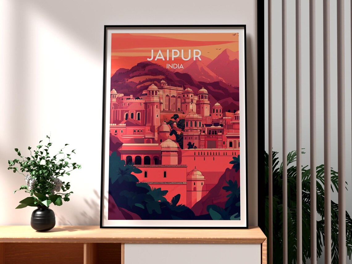 Jaipur India Pink City Palace Fort Sunset Hills Travel Poster
