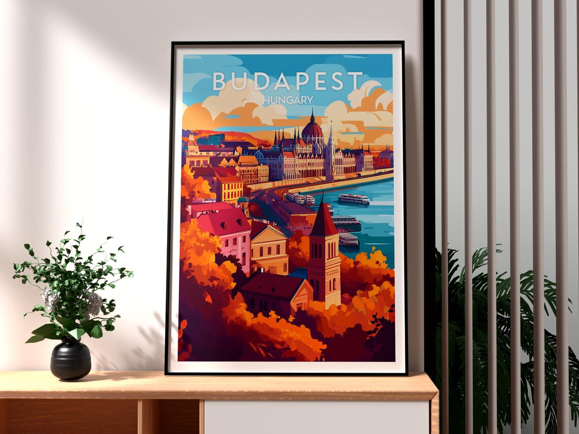 Budapest Hungary Parliament Danube River Autumn Colors Travel Poster