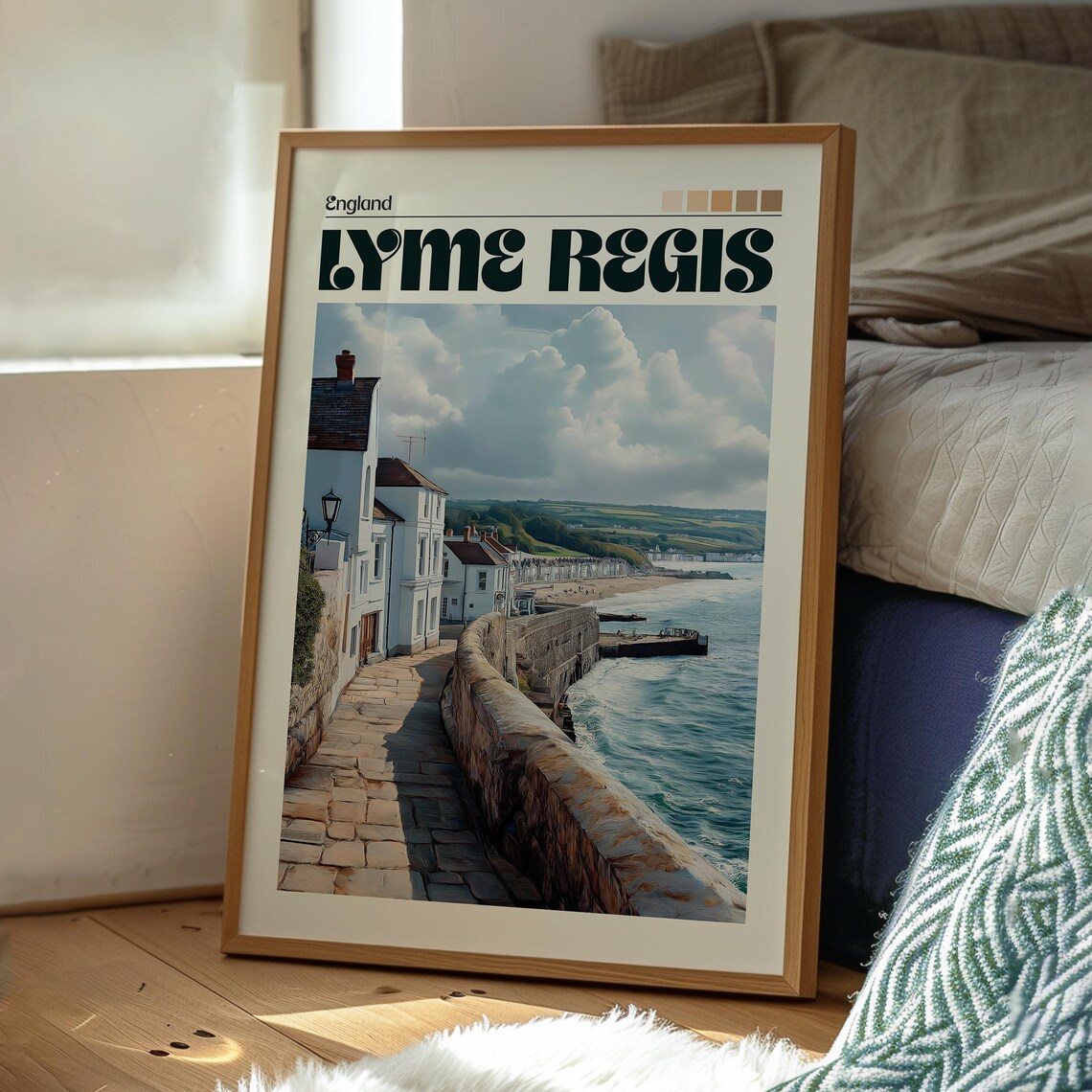 Lyme Regis England Coastal Promenade Stone Seawall Beach Travel Poster - Image 3