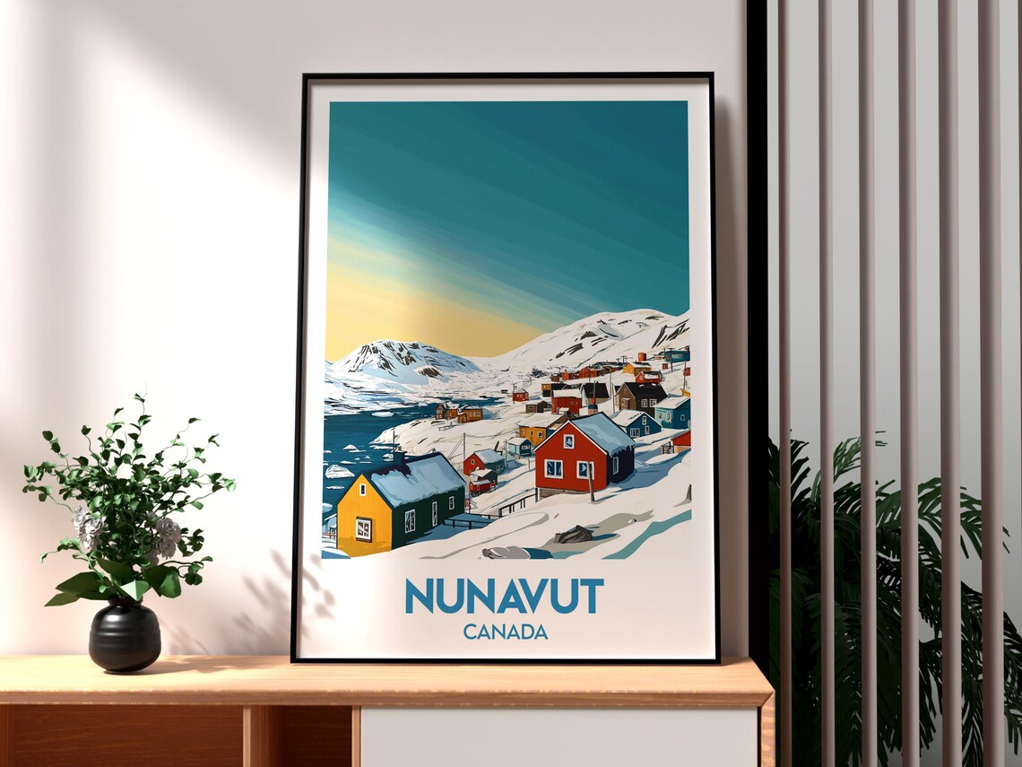 Nunavut Canada Arctic Village Colorful Houses Snowy Shore Travel Poster