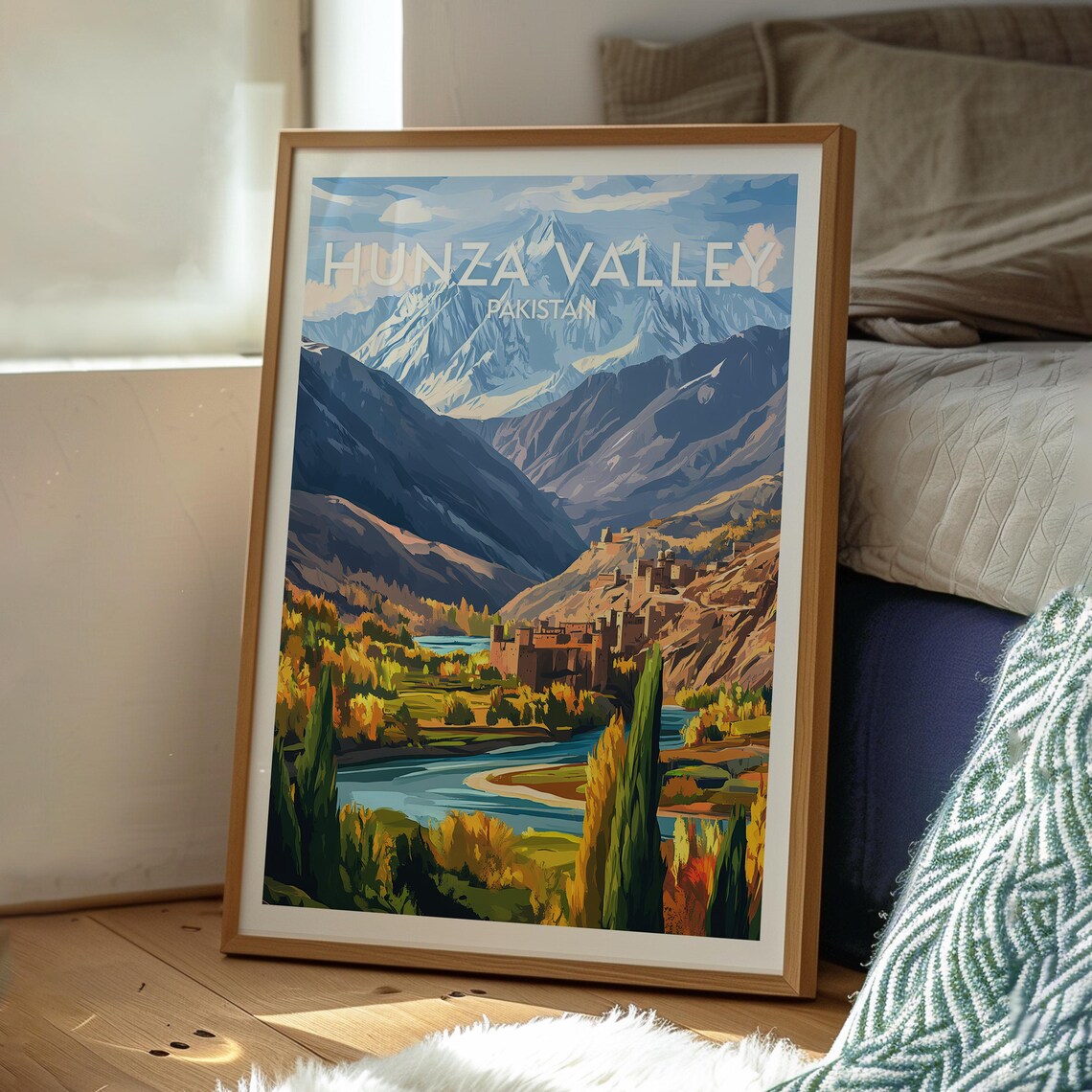 Hunza Valley Pakistan Snow Peaks River Autumn Vintage Travel Poster - Image 3