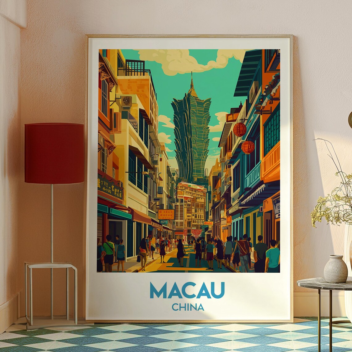 Macau China Colorful City Street Iconic Lotus Tower Scene Poster - Image 2