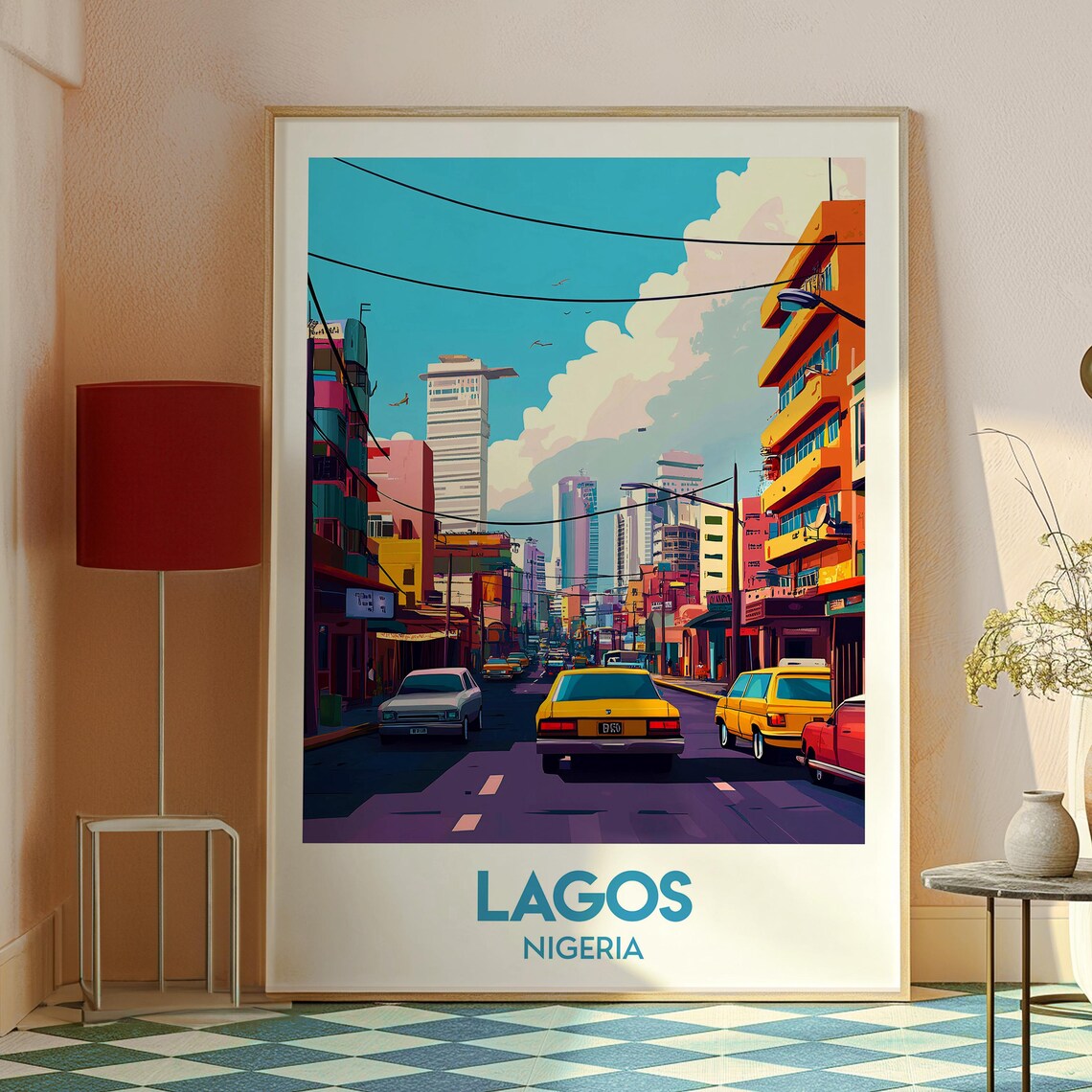 Lagos Nigeria Busy City Street Yellow Taxi Downtown Skyline Art Poster - Image 2