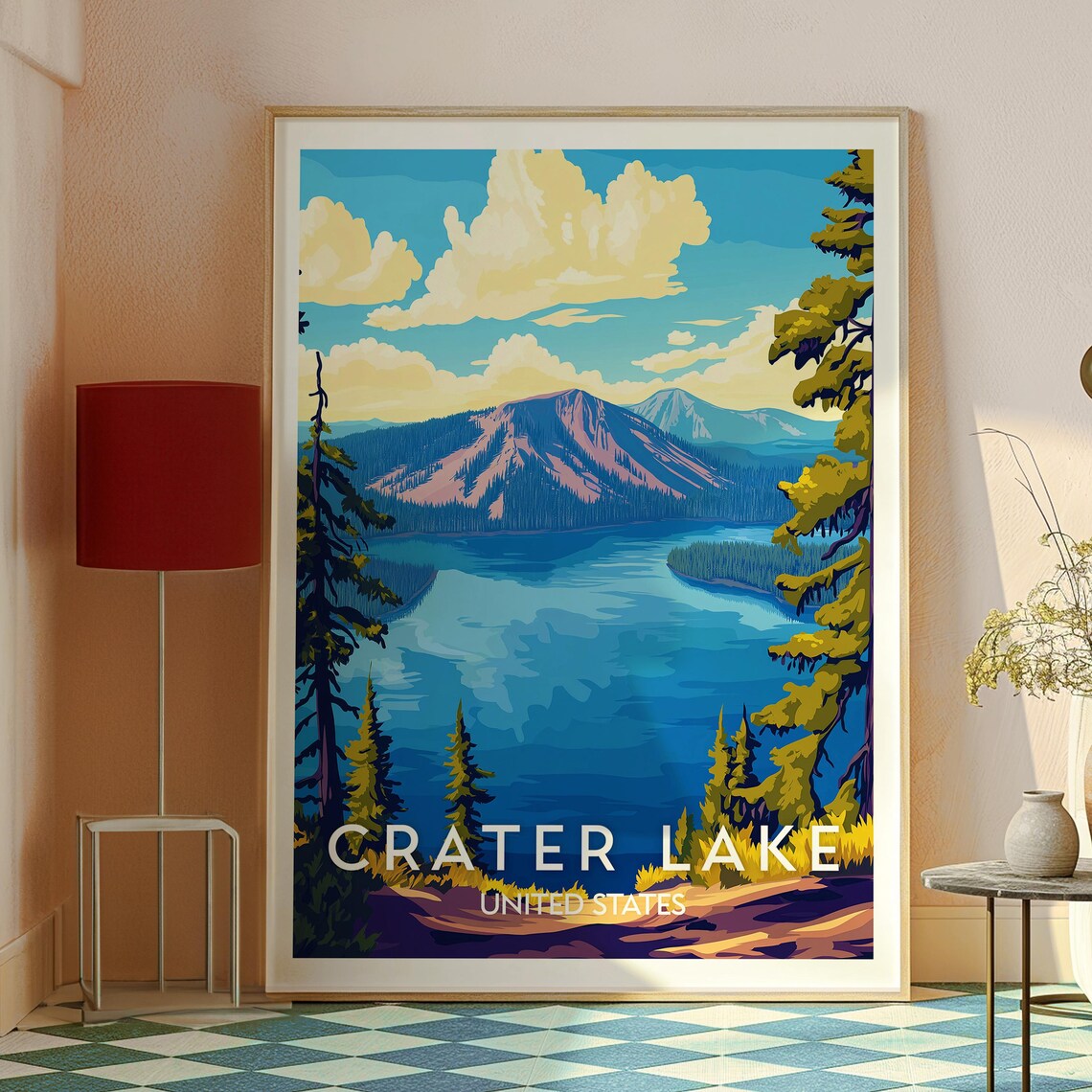 Crater Lake Oregon Blue Water Mountain Peak Pine Forest Travel Poster - Image 2