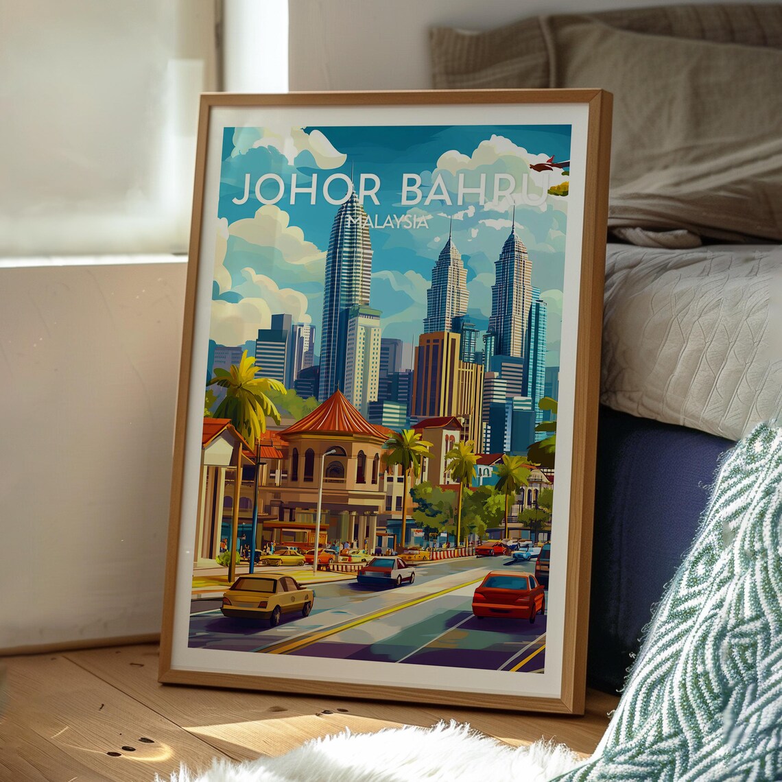 Johor Bahru Malaysia Skyscraper City Street Palms Travel Poster - Image 3