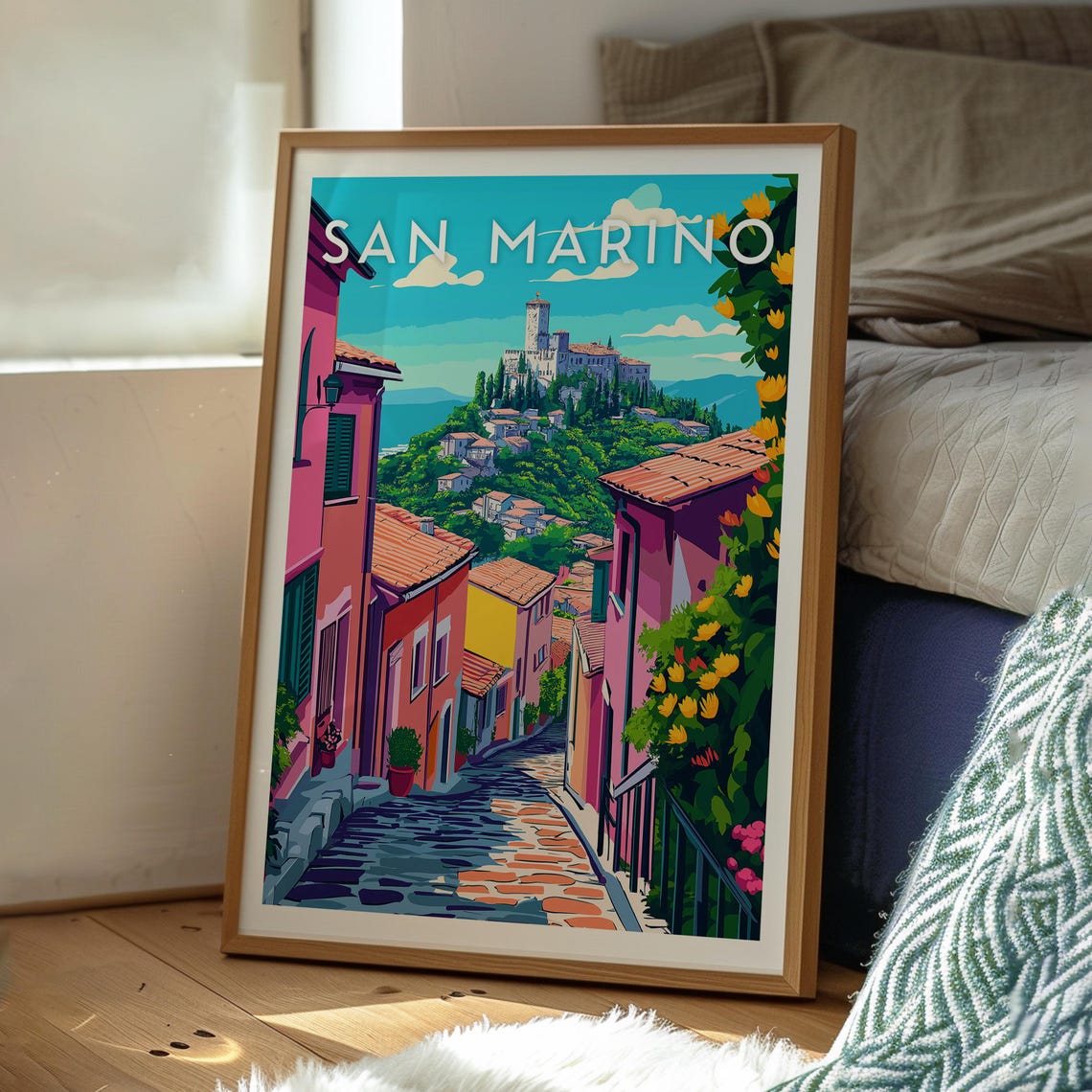 San Marino Hilltop Castle Cobbled Old Town Street Scene Poster - Image 3