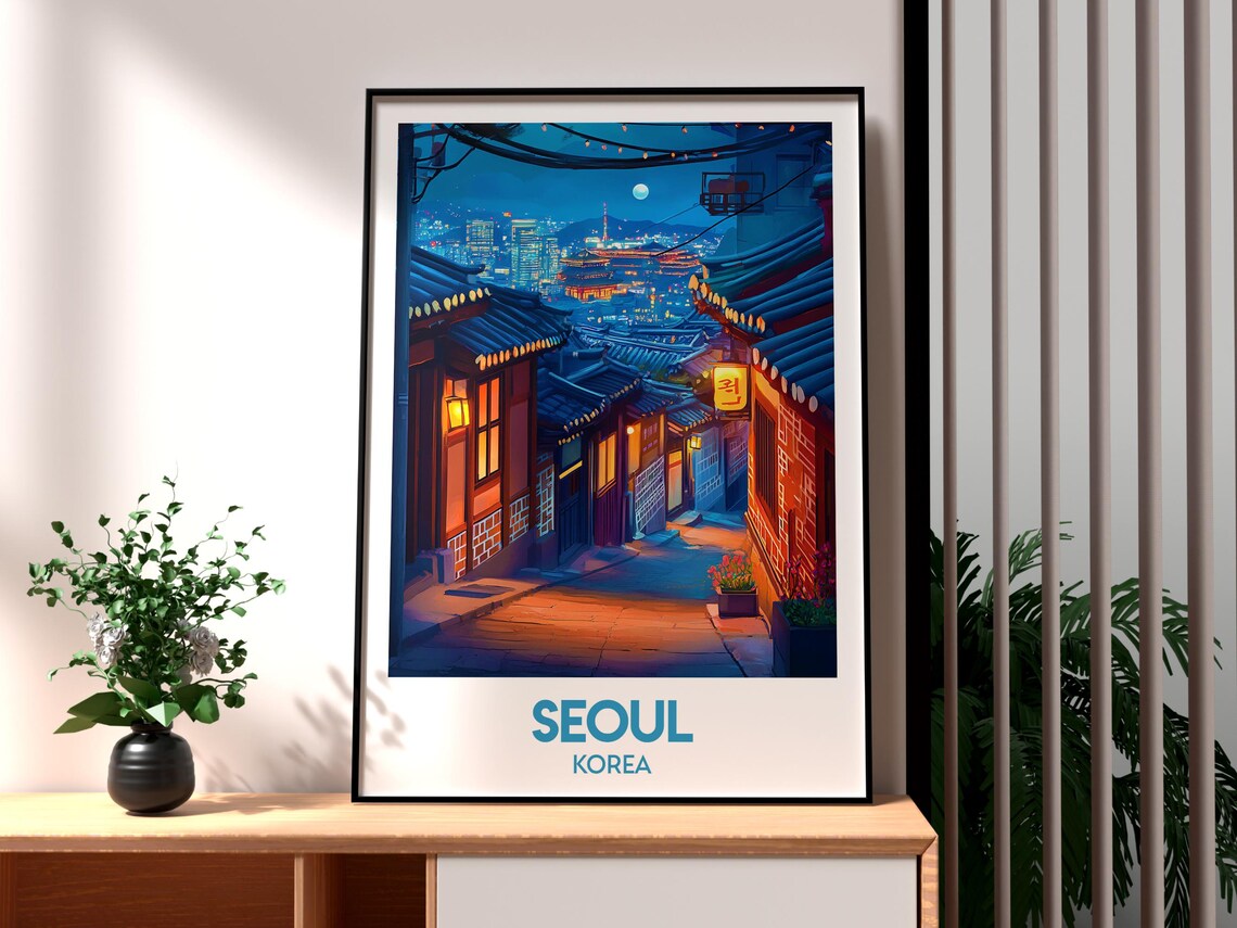 Seoul Korea Night Hanok Alley Lantern City Lights Travel Poster