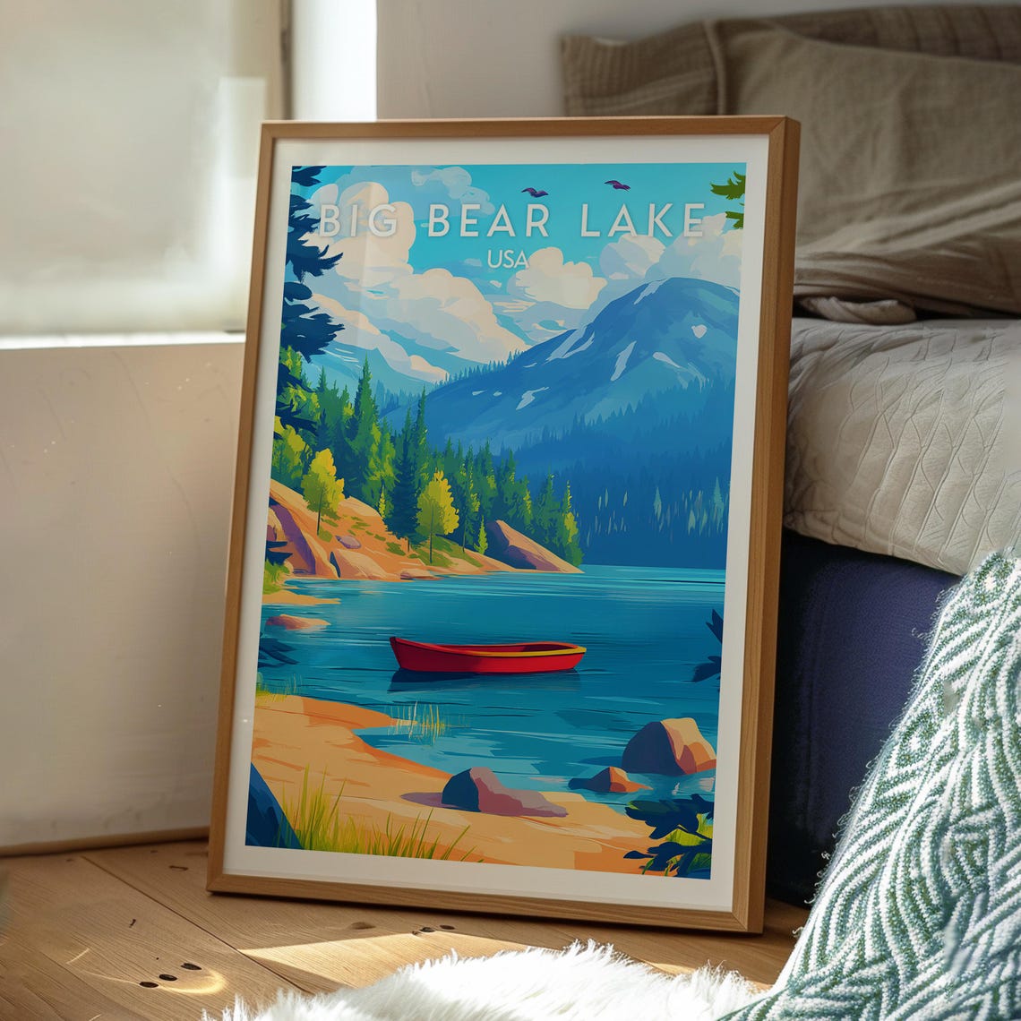 Big Bear Lake USA Red Canoe Pine Mountains Lake Travel Poster - Image 3