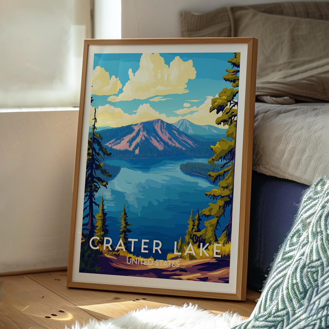 Crater Lake Oregon Blue Water Mountain Peak Pine Forest Travel Poster