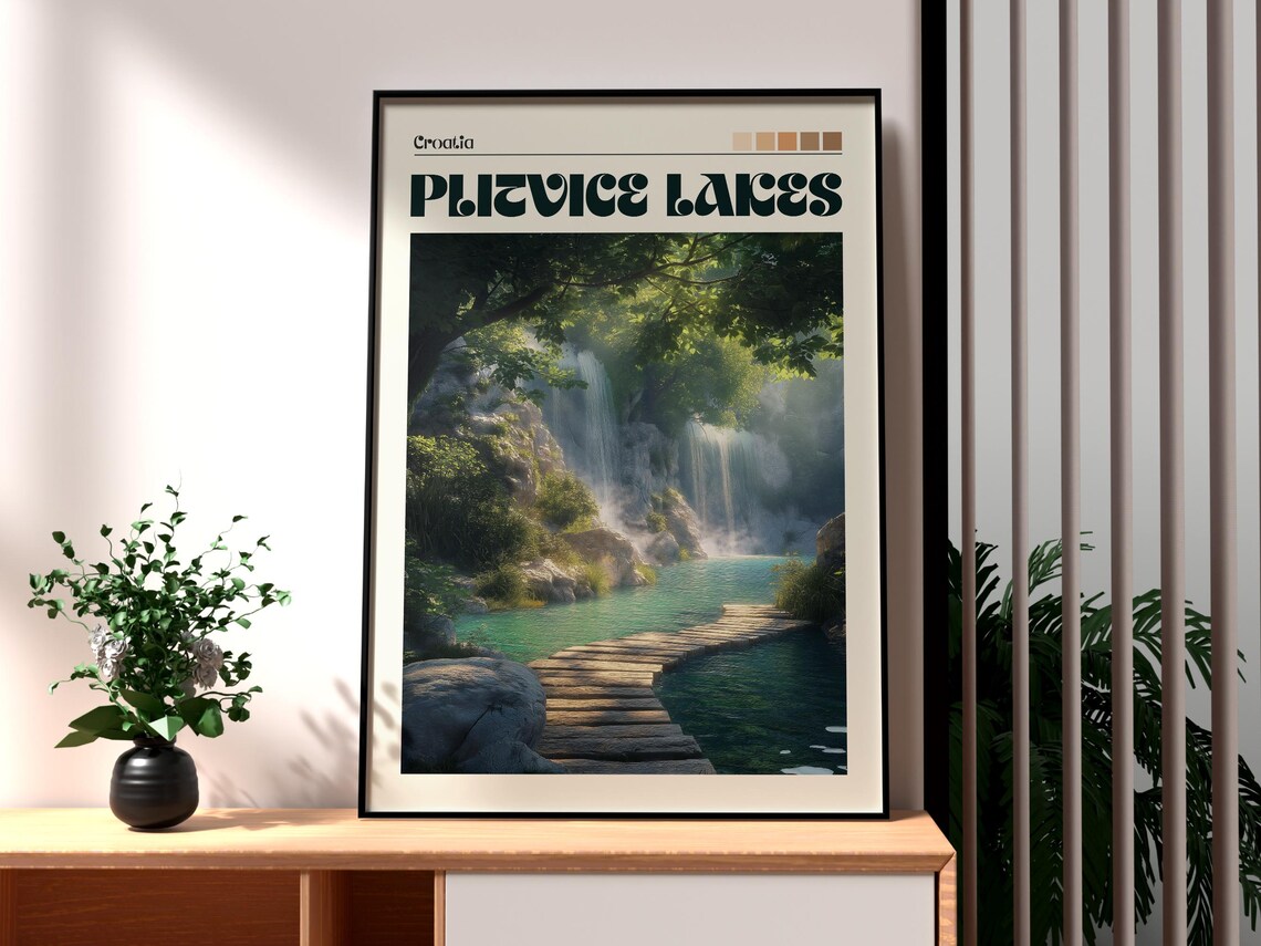 Plitvice Lakes Croatia Waterfall Wooden Boardwalk Travel Poster