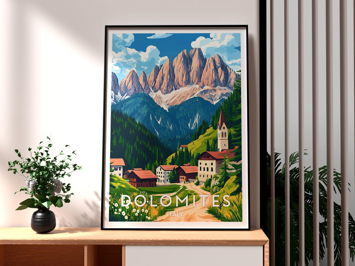 Dolomites Italy Alpine Peaks Village and Church Sunset Poster