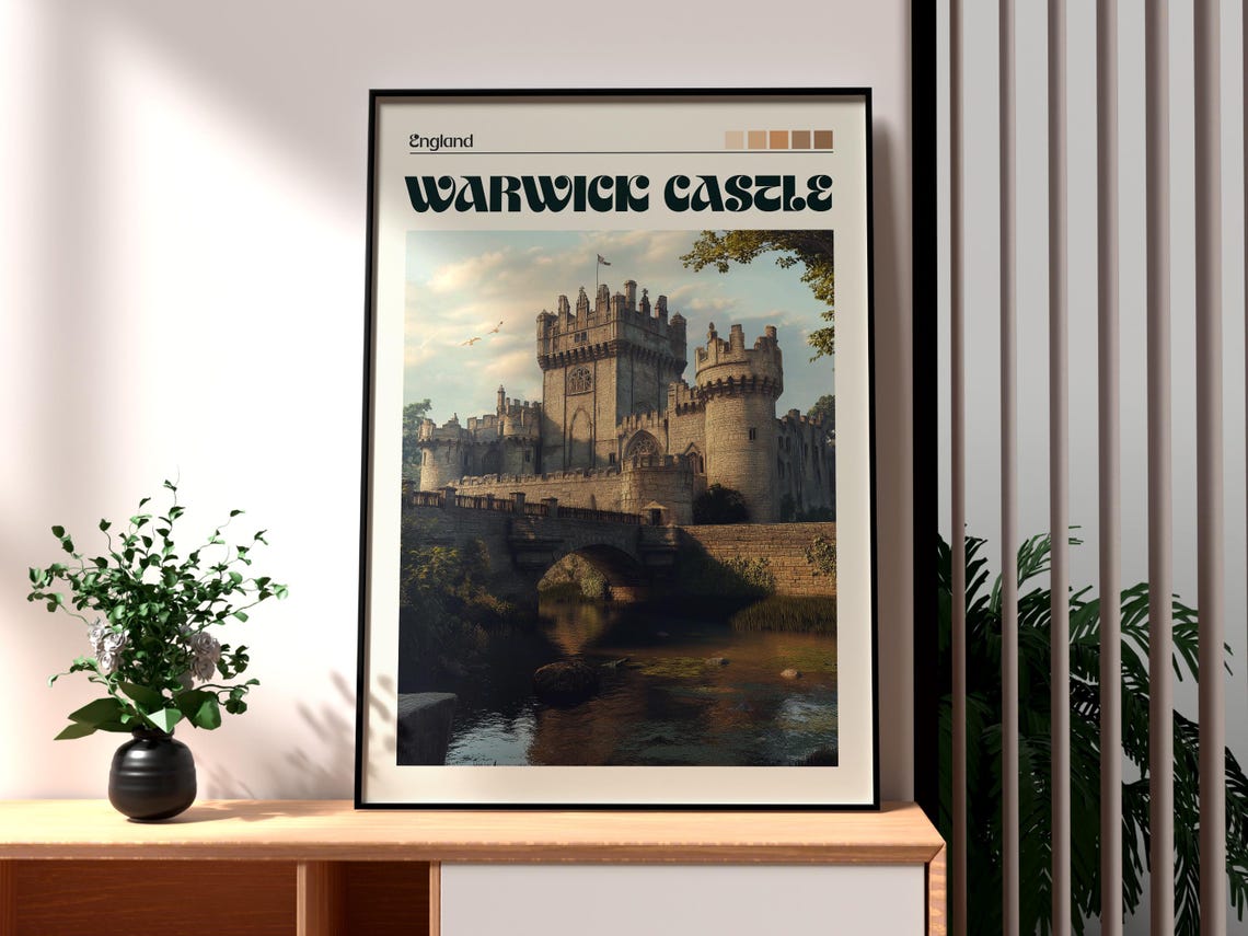 Warwick Castle England Medieval Fortress Riverside Vintage Poster