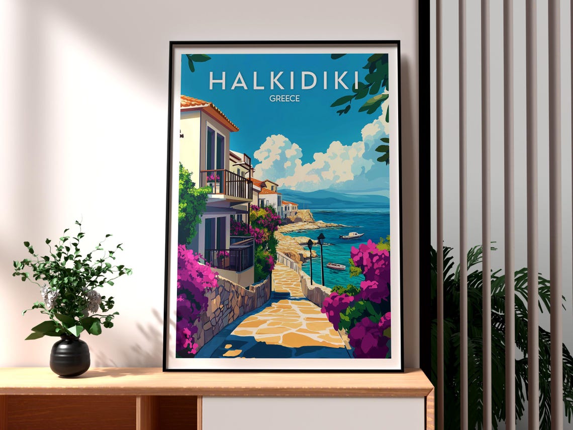 Halkidiki Greece Coastal Village Bougainvillea Sea View Travel Poster