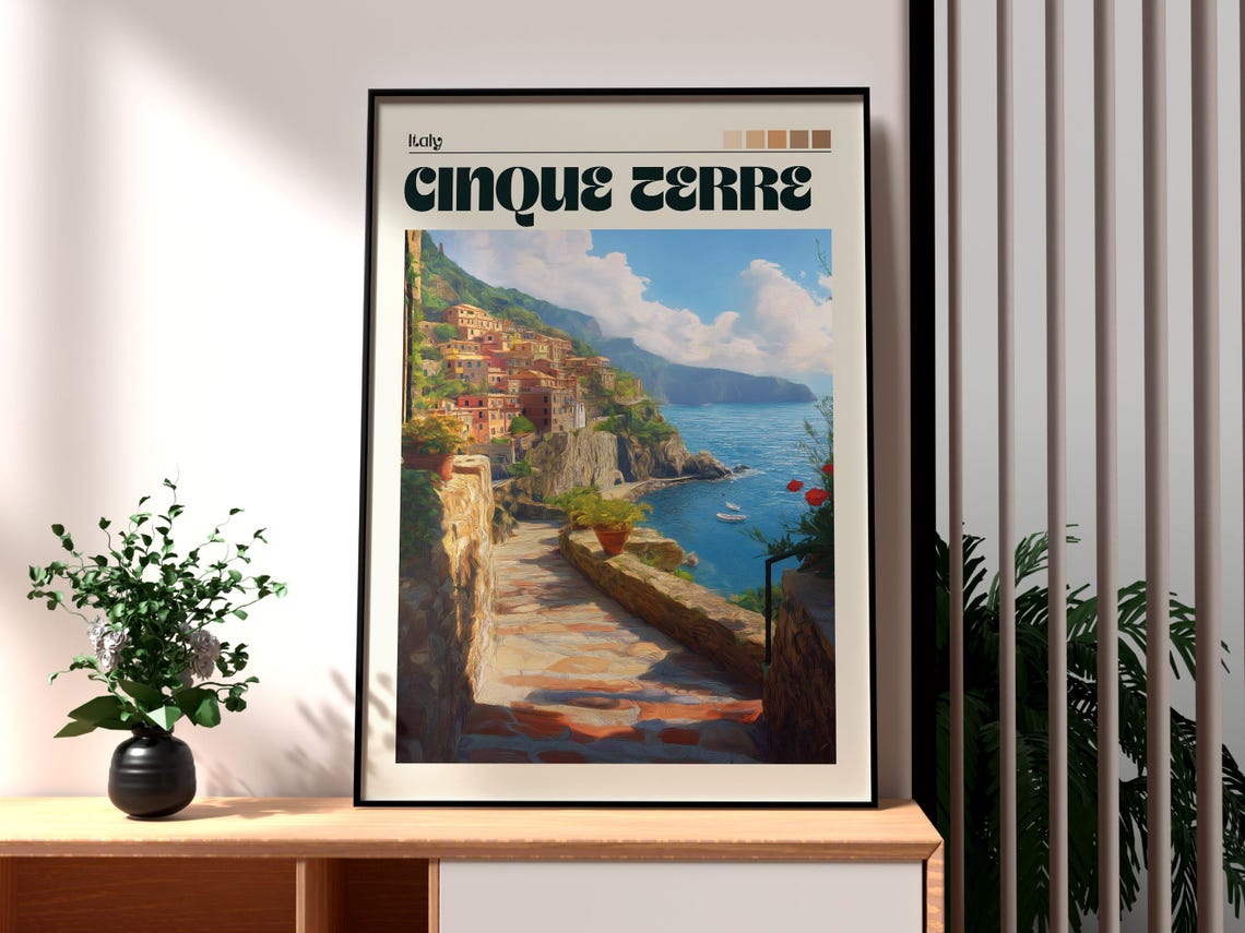 Cinque Terre Italy Cliffside Village Stone Path Blue Sea Retro Poster