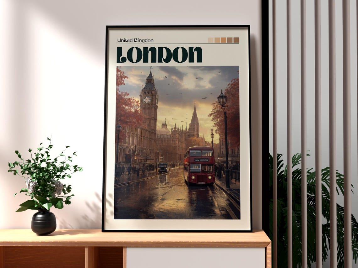 London UK Big Ben and Red Double Decker Bus Rainy Street Poster