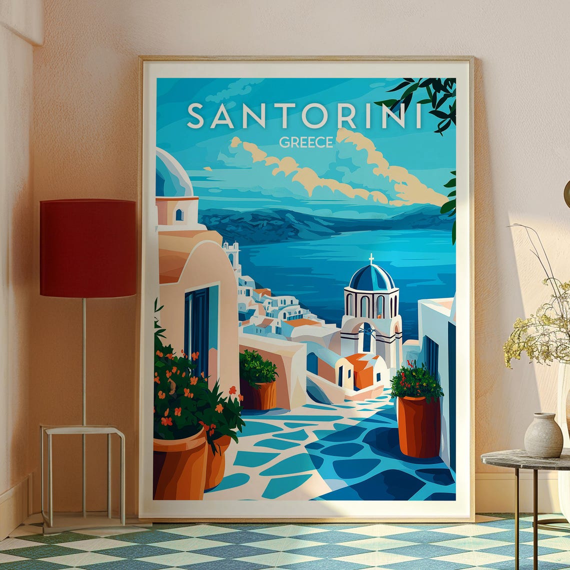 Santorini Greece Blue Dome Church Caldera Sea View Scene Poster - Image 2