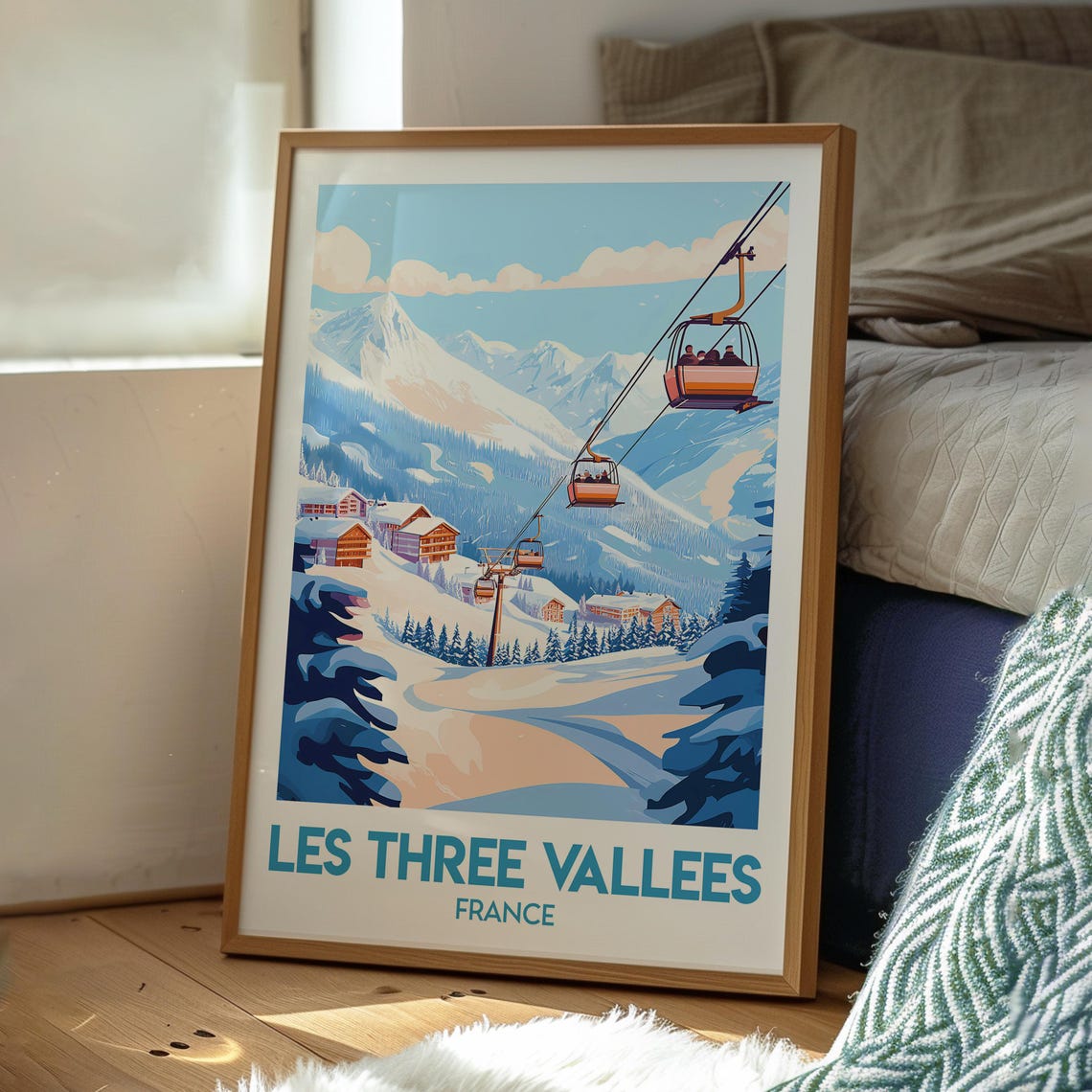 Les Three Vallees France Ski Gondola Chalet Alpine Scene Poster - Image 3