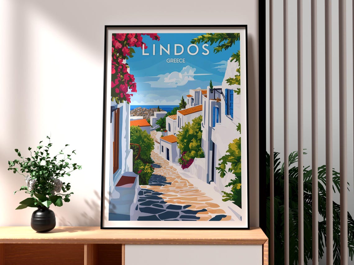 Lindos Greece Whitewashed Village Cobblestone Street Travel Poster